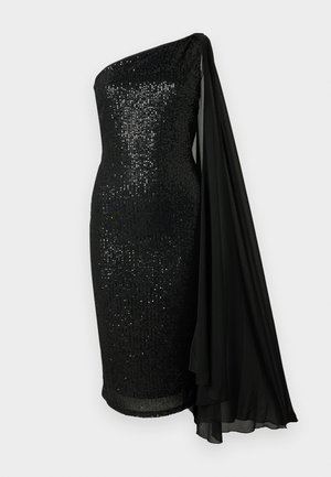 Zwarte pailletten jurk met een schouderontwerp. Kenmerkt zich door een vloeiende zwarte chiffon cape, een strakke pasvorm en een knie-lange zoom.