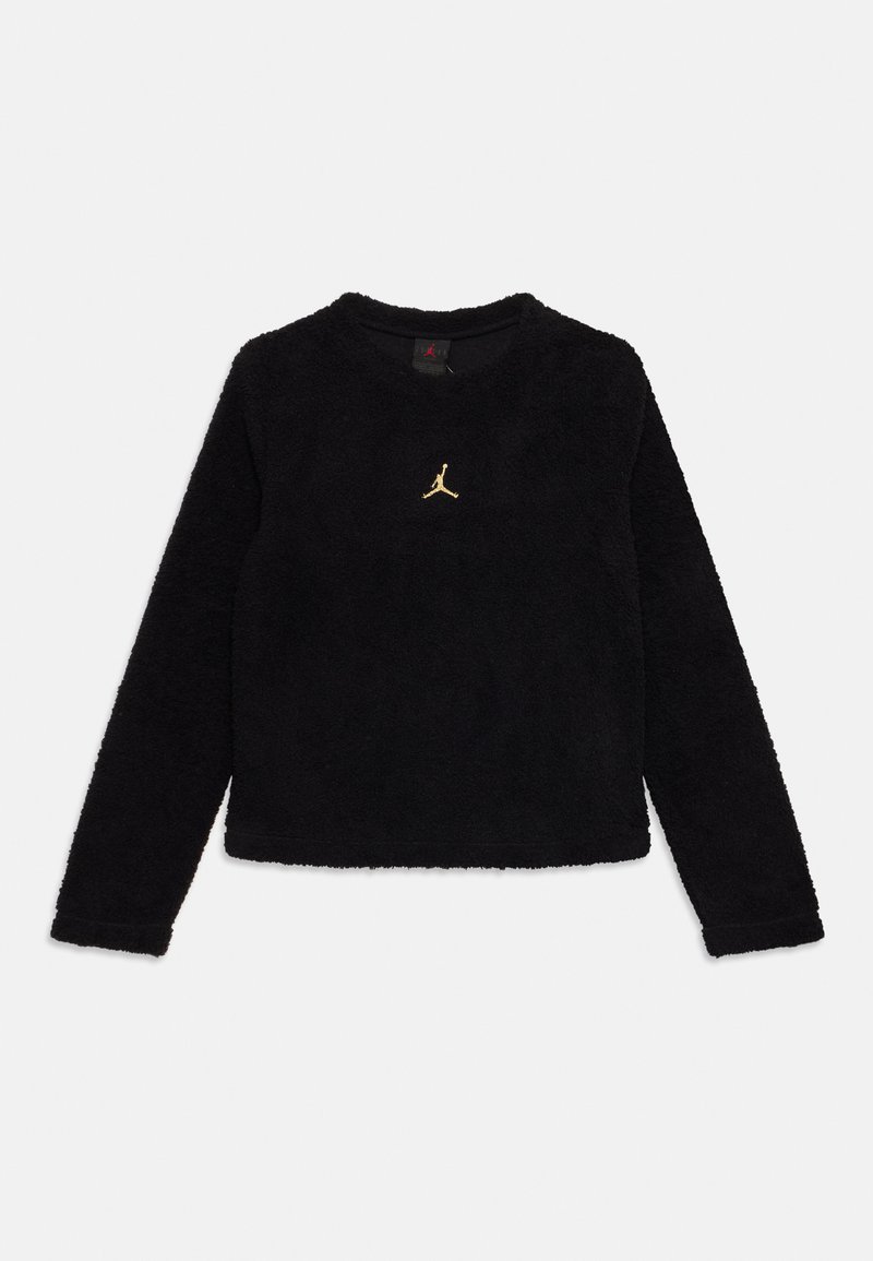 Černý dlouhý rukáv fleecový top s kulatým výstřihem a zlatým logem Jumpman umístěným na hrudi, vyobrazený na bílém pozadí.