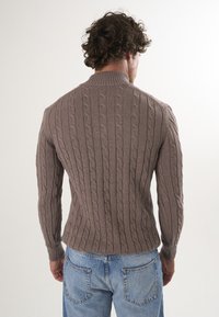 Bruine kabelgebreide trui met een hoge kraag en geribbelde mouwen, gedragen over lichtblauwe denim jeans, gezien vanaf de achterkant.