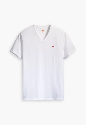 White cotton V-neck t-shirt with short sleeves and a small red Levi's logo on the chest. Soft texture, casual design.