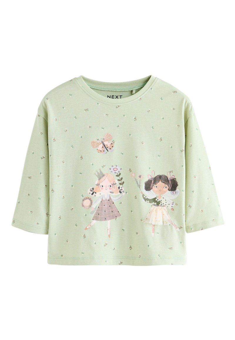 Svetlozelené tričko s krátkym rukávom s ilustráciou dievčat, motýľa a malých kvetinových vzorov. Vyrobené z mäkkej bavlnenej látky.