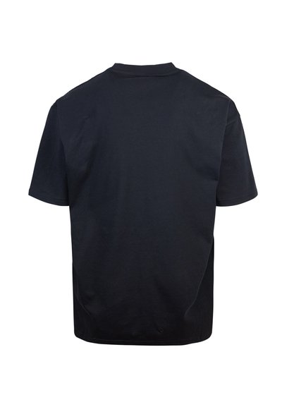 T-shirt di cotone nero, maniche corte, collo rotondo. Texture liscia con una vestibilità comoda, senza loghi o motivi visibili. Vista posteriore mostrata.