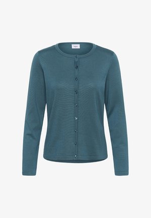 Teal színű kardigán kerek nyakkal, hosszú ujjakkal és elöl gombokkal. Texturált kötött mintával és standard szabással rendelkezik.