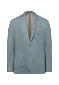 Lichtblauw op maat gemaakte blazer met een gestructureerde stof, twee knopen, voorzakken en een gepatternde pochet.