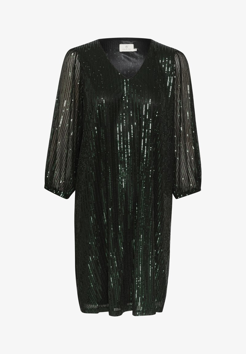 Robe noire à col en V avec manches trois-quarts transparentes, recouverte de sequins verts verticaux créant un motif rayé scintillant.