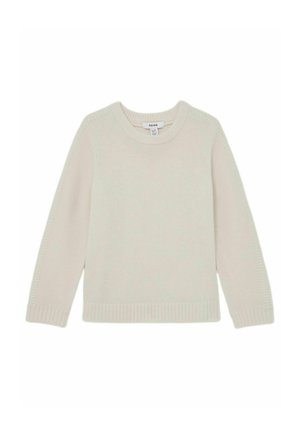 Pulover tricotat de culoare crem, cu decolteu rotund, mâneci lungi și tivuri și manșete striate. Textură moale, design simplu fără modele.