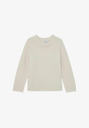 Suéter de punto color crema con cuello redondo, mangas largas y dobladillo y puños acanalados. Textura suave, diseño simple sin patrones.