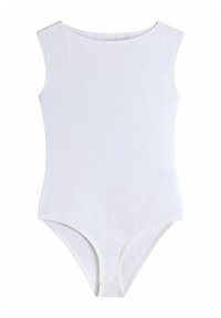 Body senza maniche bianco con scollo rotondo e bottoni a pressione all'inguine, esposto su uno sfondo bianco semplice.