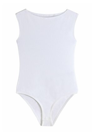 Ärmlös vit bodysuit med rund halsringning och tryckknappar vid grenen, visad mot en helt vit bakgrund.