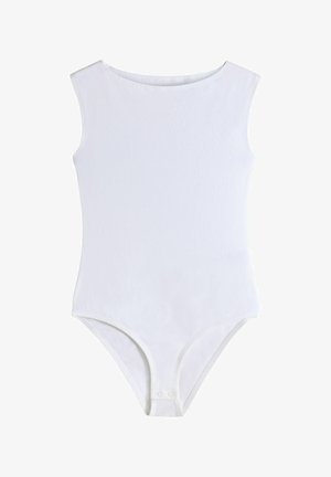 Ujjatlan fehér testnadrág kerek nyakkivágással és patentgombokkal az ágyéknál, egy sima fehér háttéren bemutatva.