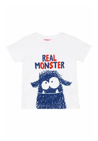 Weißes Baumwoll-T-Shirt mit einem grafischen Motiv eines blauen, haarigen Monsters und rotem "ECHTES MONSTER"-Text. Kurze Ärmel und runder Halsausschnitt.