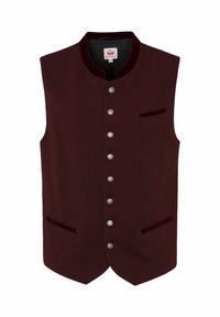 Gilet bordeaux avec un tissage texturé, col rond, boutons en argent, et deux poches latérales avec des accents en velours. Convient pour des occasions formelles.
