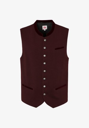 Bordeaux vest met een gestructureerde weefsel, ronde hals, zilveren knopen en twee zijzakken met fluwelen accenten. Geschikt voor formele gelegenheden.