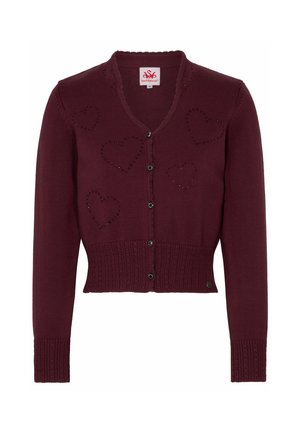 Burgunderfarbener Strickcardigan mit V-Ausschnitt, Knopfleiste und geripptem Saum. Verfügt über herzförmige Ausschnitte und kleine Strassakzente.