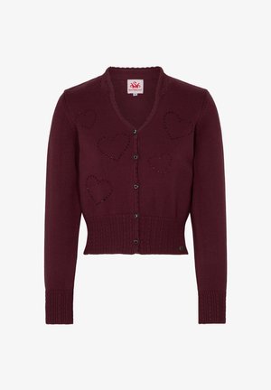 Gilet en tricot bordeaux avec décolleté en V, fermeture par boutons et ourlet côtelé. Présente des découpes en forme de cœur et de petits accents en strass.