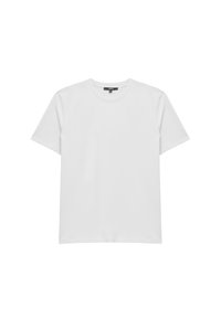 Camiseta blanca de algodón con mangas cortas, cuello redondo y un diseño liso. Tela suave sin patrones ni elementos metálicos visibles.