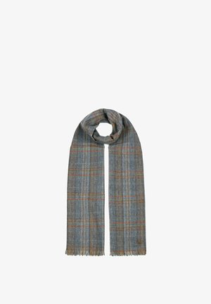 Gray and brown plaid wool scarf with fringe ends, folded in a loop at the top against a white background.