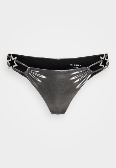 Metallic gray bikini bottoms with a shiny finish, featuring black accents and star-shaped hardware on the sides. Stretchy fabric with ruching details.