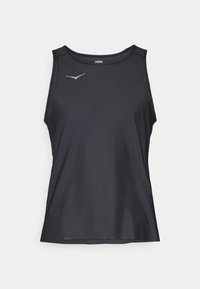 Schwarzes ärmelloses Sporttanktop mit Rundhalsausschnitt und kleinem hellblauen Logo auf der linken oberen Brust.