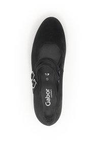 Zwarte suède Mary Jane schoenen met twee verstelbare bandjes, zilveren beslag, ronde neus en zachte binnenvoering. Merknnaam "Gabor" zichtbaar aan de binnenkant.