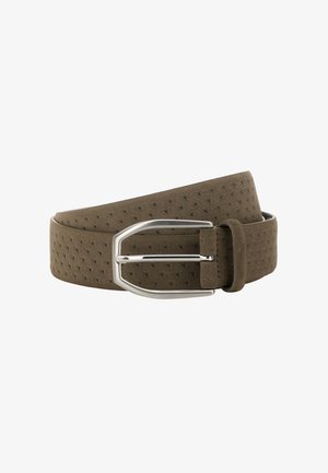 Olive green textured belt made of soft material, featuring a silver metal buckle with a rectangular shape and prong closure.
