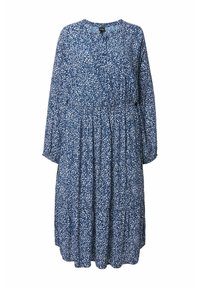 Niebieska sukienka z kwiatowym wzorem, długimi rękawami, okrągłym dekoltem i marszczonym taliowaniem, wykonana z lekkiego materiału.