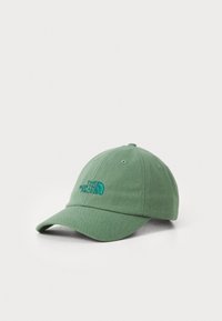 Light green baseball cap made of textured fabric featuring a stitched blue logo. Curved brim and five ventilation holes for breathability.
