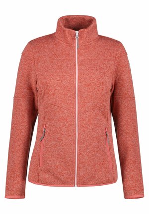 Fleece jacket in textured orange material, featuring a high collar, full front zipper, and two zippered side pockets in contrasting color.