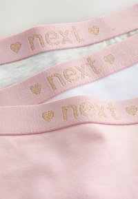 Mutande di cotone rosa con una morbida trama a maglia. Presenta un bordo con logo con la scritta "next" e un motivo a cuori dorato. Sono visibili due pezzi.