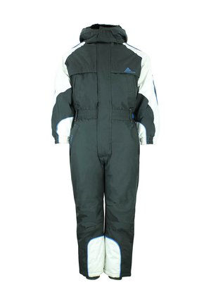 Combinaison d'hiver isolante noire et blanche avec capuche, fermeture éclair intégrale à l'avant, taille élastique et parties renforcées sur les manches et le bas des jambes.