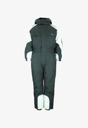 Combinaison d'hiver isolante noire et blanche avec capuche, fermeture éclair intégrale à l'avant, taille élastique et parties renforcées sur les manches et le bas des jambes.