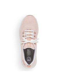 Light pink athletic shoe with a breathable mesh upper, white laces, and a cushioned sole. Features a logo on the tongue and textured accents.