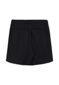 Schwarze, leichte Shorts mit elastischem Bund, zwei Gesäßtaschen mit Knopfverschluss und einem entspannten Schnitt.