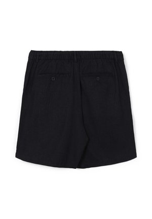 Schwarze Shorts aus Leinen. Sie verfügen über einen elastischen Bund, zwei Gesäßtaschen mit Knopfverschluss und eine lockere Passform.