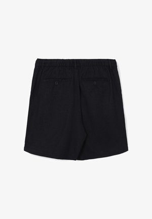 Pantaloncini neri in lino. Presentano una vita elasticizzata, due tasche posteriori con chiusura a bottone e vestibilità ampia.