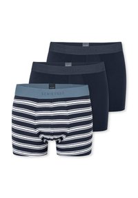 Tre paia di boxer da uomo in cotone; uno blu navy solido, uno blu scuro solido e uno blu navy con strisce orizzontali bianche.