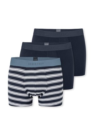 Three pairs of men's boxer briefs in cotton; one solid navy, one solid dark blue, and one navy with white horizontal stripes.