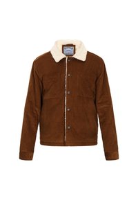 Braune Cordjacke mit einem krämfarbenen Kunstfellkragen, zwei Brusttaschen und einer vorderen Knopfleiste. Hat einen strukturierten Stoff.