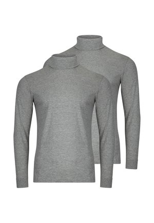 Due magliette a maniche lunghe grigie semplici con collo alto, disposte una dietro l'altra su uno sfondo bianco.