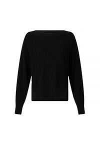 Maglione nero lavorato a maglia con maniche lunghe, scollo rotondo e orlo corto. Tessuto testurizzato con un sottile design a coste su tutta la superficie.