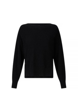 Maglione nero lavorato a maglia con maniche lunghe, scollo rotondo e orlo corto. Tessuto testurizzato con un sottile design a coste su tutta la superficie.