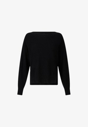 Pull en tricot noir avec des manches longues, un col rond et une taille cropped. Tissu texturé avec un motif côtelé subtil sur l'ensemble.