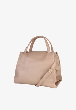 Beige leather handbag with two handles, a detachable shoulder strap with gold buckle, and a zipper pocket on the side.