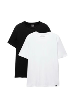 Confezione da due T-shirt basiche con girocollo, una nera e una bianca, distese con maniche corte e design minimalista.