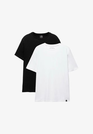 Confezione da due T-shirt basiche con girocollo, una nera e una bianca, distese con maniche corte e design minimalista.