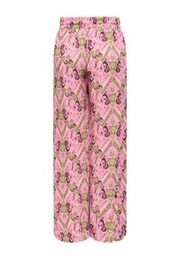 Pantalon ample avec ceinture élastique en motifs géométriques et floraux rose, beige, vert et violet.