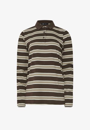 Koszula polo z długim rękawem w poziome paski w kolorach brązowym, kremowym i beżowym oraz brązowym kołnierzykiem z trzema guzikami.