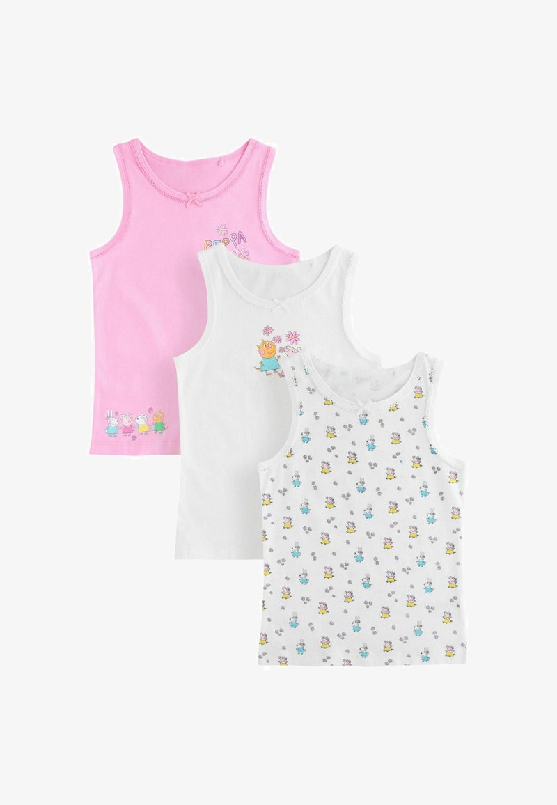 Trois hauts sans manches pour enfants en rose, blanc et blanc avec des imprimés colorés d’animaux et de fleurs de dessins animés.