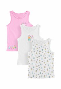 Set aus drei Tanktops: pink mit Blumendesign, weiß mit Cartoonfiguren und weiß mit bunten Mustern. Aus weichem Baumwollmaterial.