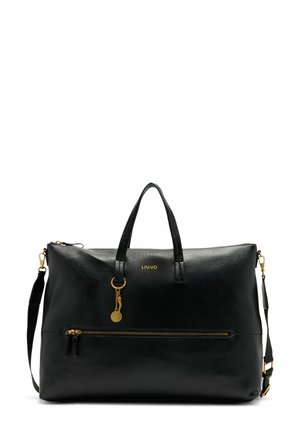 Sac à main en cuir noir avec surface texturée, accents en métal doré, anses supérieures, bandoulière réglable et poche zippée à l'avant.